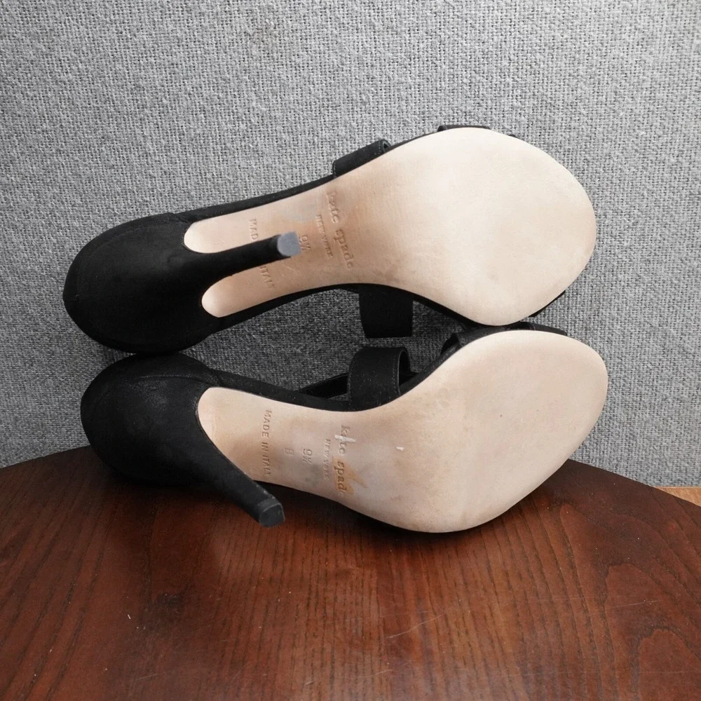 Kate Spade T Strap Sandals Women's 9.5B Black Suede Strappy Stiletto Heels Shoes